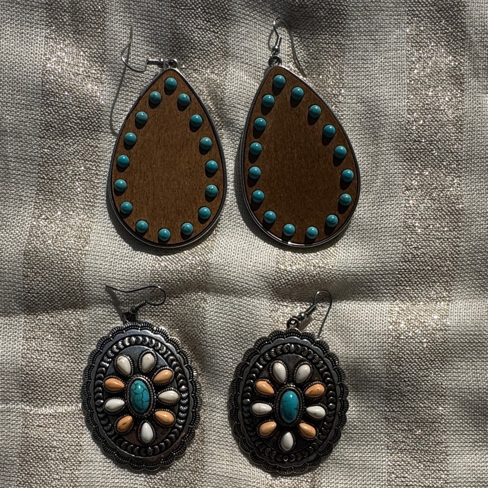 Two Pairs Boho Western Teardrop and Oval Earrings Set